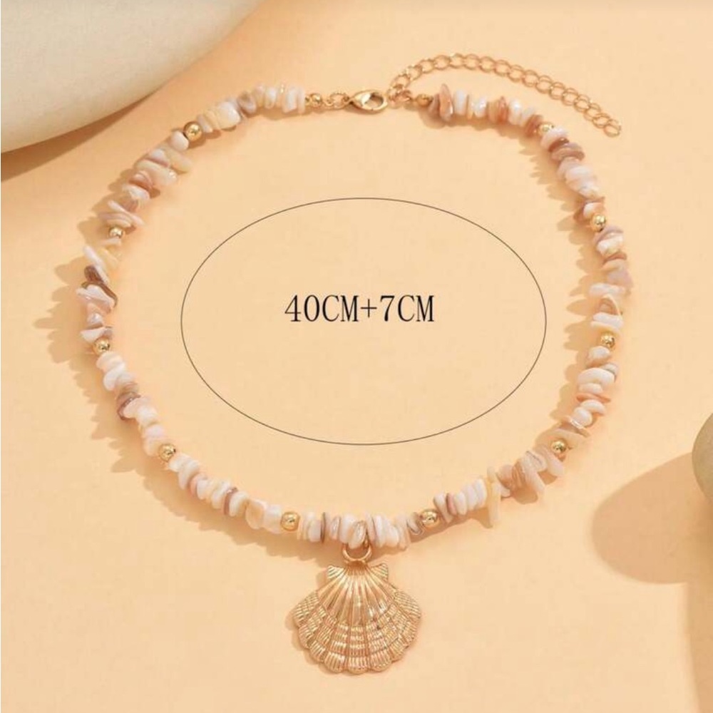 Natural Stone Bead Necklace, Boho Style Metal Seashell Pendant - Picture 3 of 9